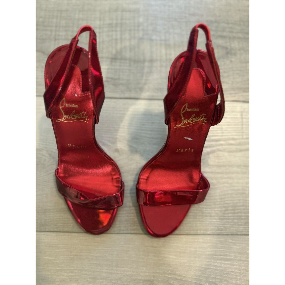 Christian Louboutin O Astrid 100 Red Loubi Patent Slingback Sandal Heel 35 1/2